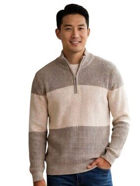 Percival 365 NWOT Neutral Stripe 1/4Zip Pullover Mock Neck Sweater Size L